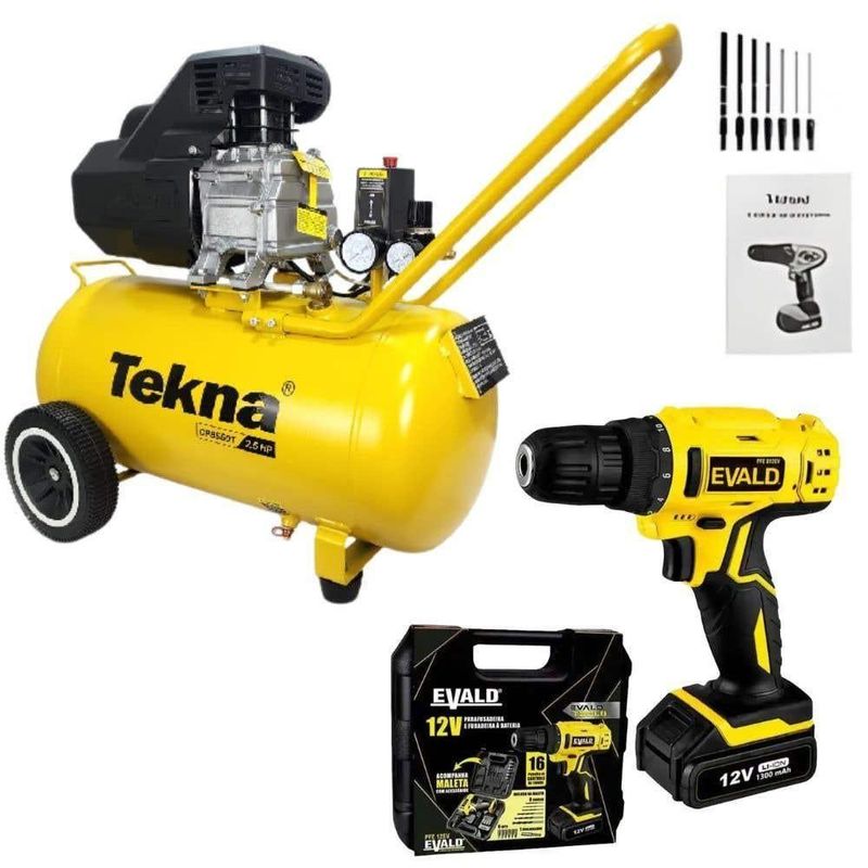 Compressor De Ar 43l 2,5hp 220v Com Parafusadeira 12v Bivolt Com Kit 13 Peças Tekna Evald