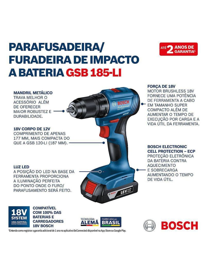 Parafusadeira Furadeira de Impacto 18 Volts 2 Baterias com Maleta + 23 Acessórios Gsb185li Bosch