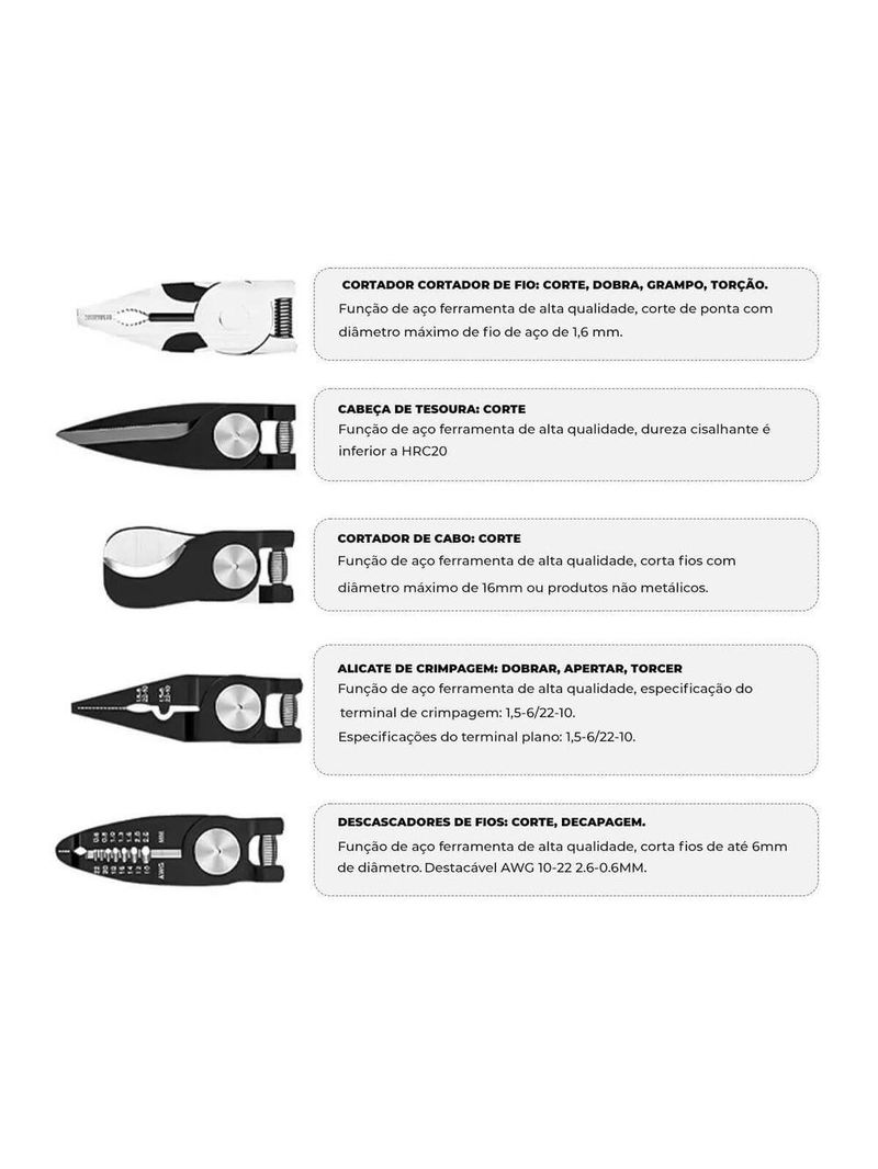 Kit Conjunto Alicate 5 Em 1 Cortador Descascador Crimpador