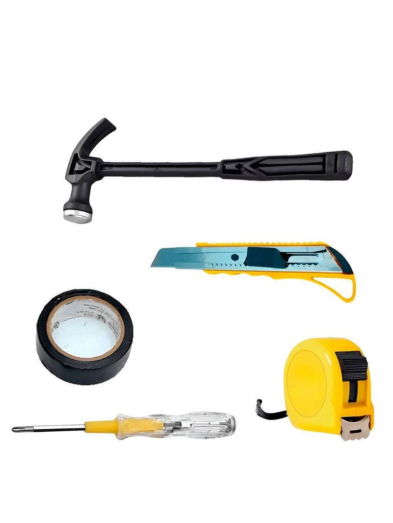 Kit De Ferramentas 5 Peças - Martelo, Estilete Reparos Trena E Chave De Fenda Elétrica