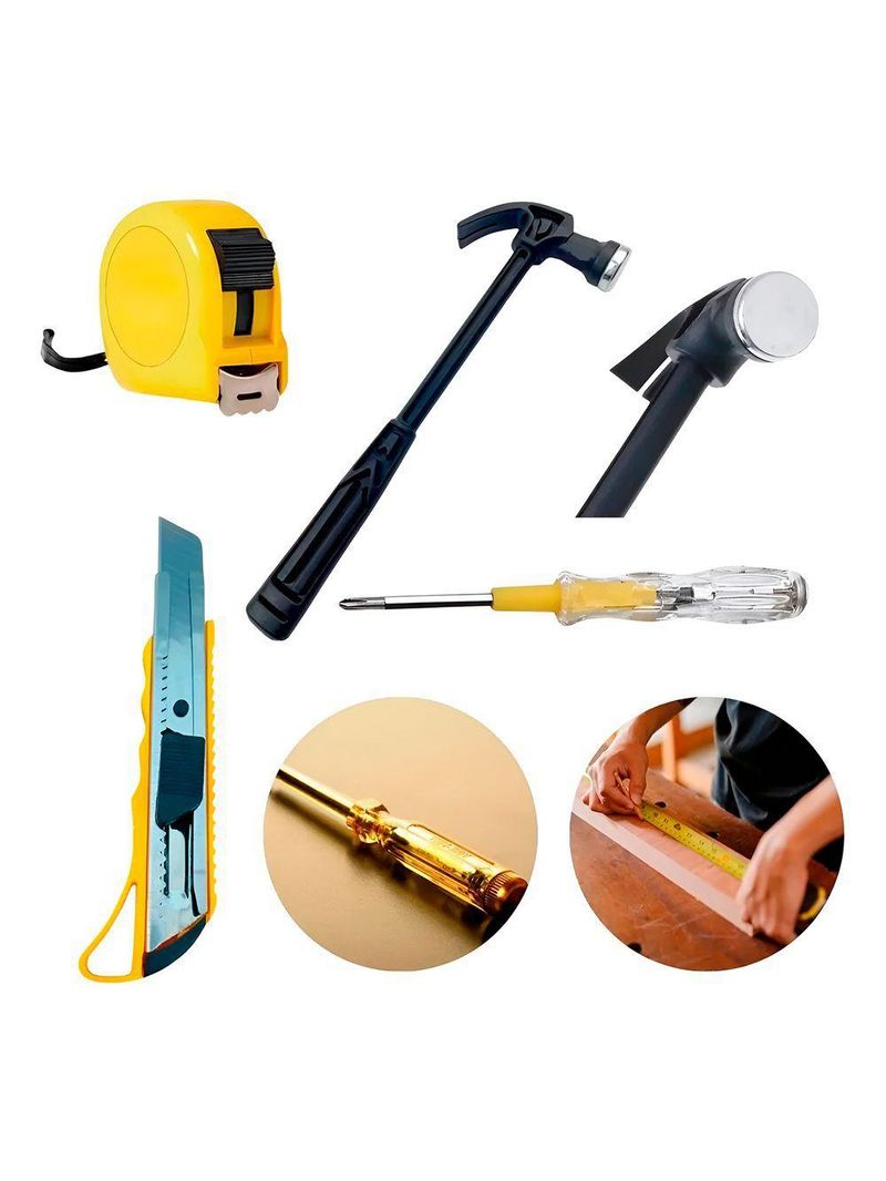 Kit De Ferramentas 5 Peças - Martelo, Estilete Reparos Trena E Chave De Fenda Elétrica