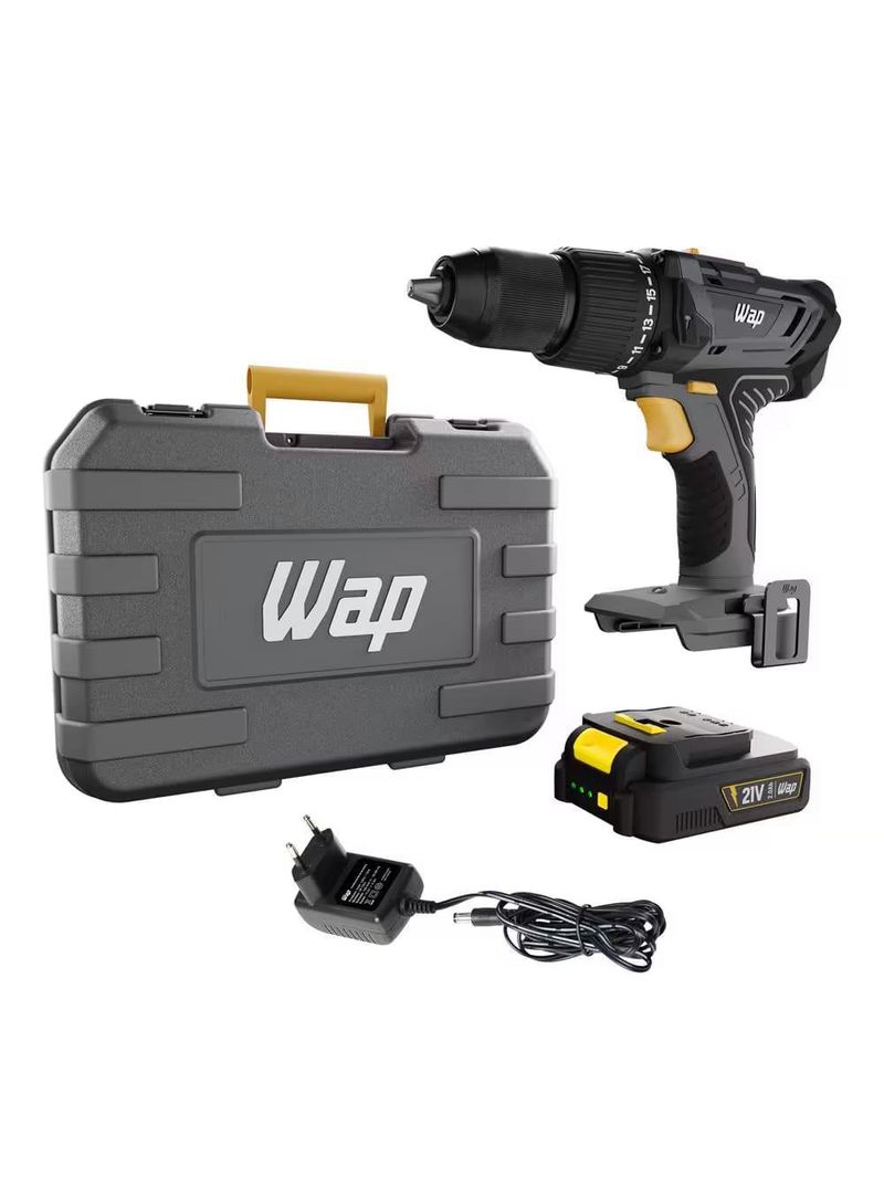Parafusadeira e furadeira de impacto wap k21 id03 com acessórios - cinza e amarela