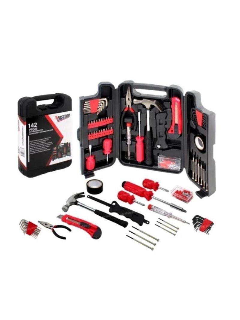 Kit De Ferramentas Completa 142 Peças Maleta Chaves Martelo Soquetes Jogo Multiuso Manuais