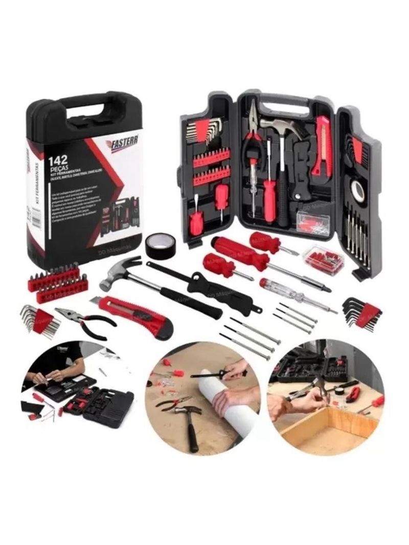 Kit De Ferramentas Completa 142 Peças Maleta Chaves Martelo Soquetes Jogo Multiuso Manuais