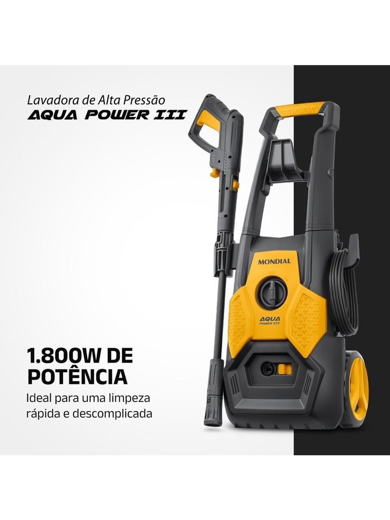 Lavadora alta pressão mondial power iii 1800w 2000 psi 360l/h mangueira 5m detergente amarela e cinza