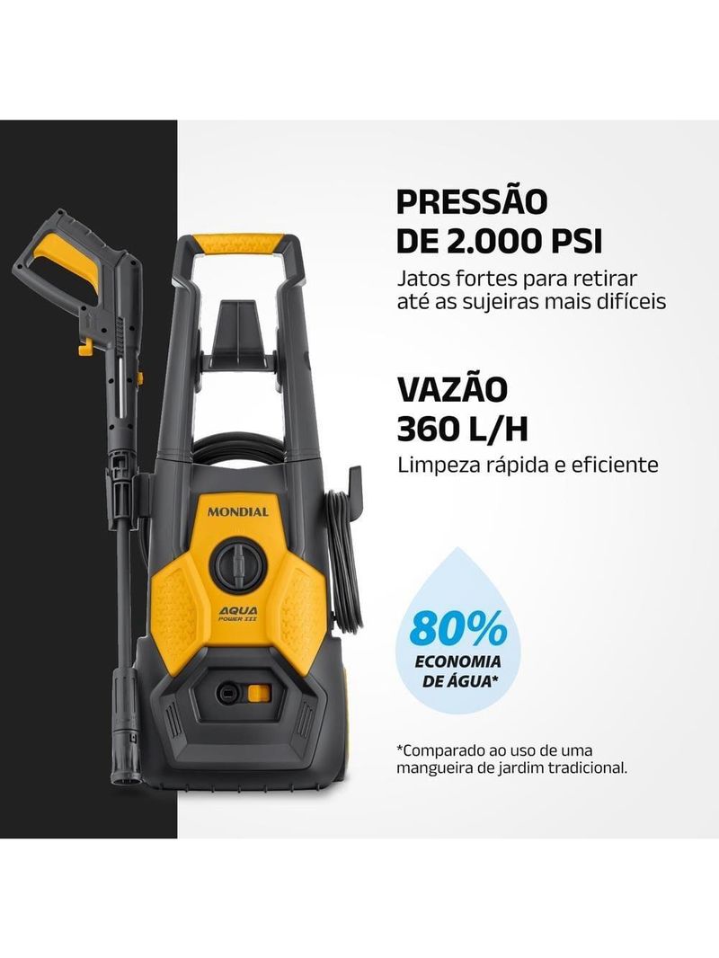 Lavadora alta pressão mondial power iii 1800w 2000 psi 360l/h mangueira 5m detergente amarela e cinza