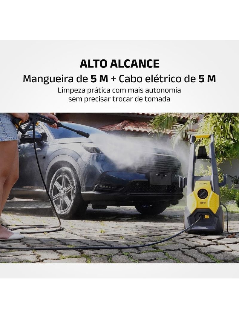 Lavadora alta pressão mondial power iii 1800w 2000 psi 360l/h mangueira 5m detergente amarela e cinza