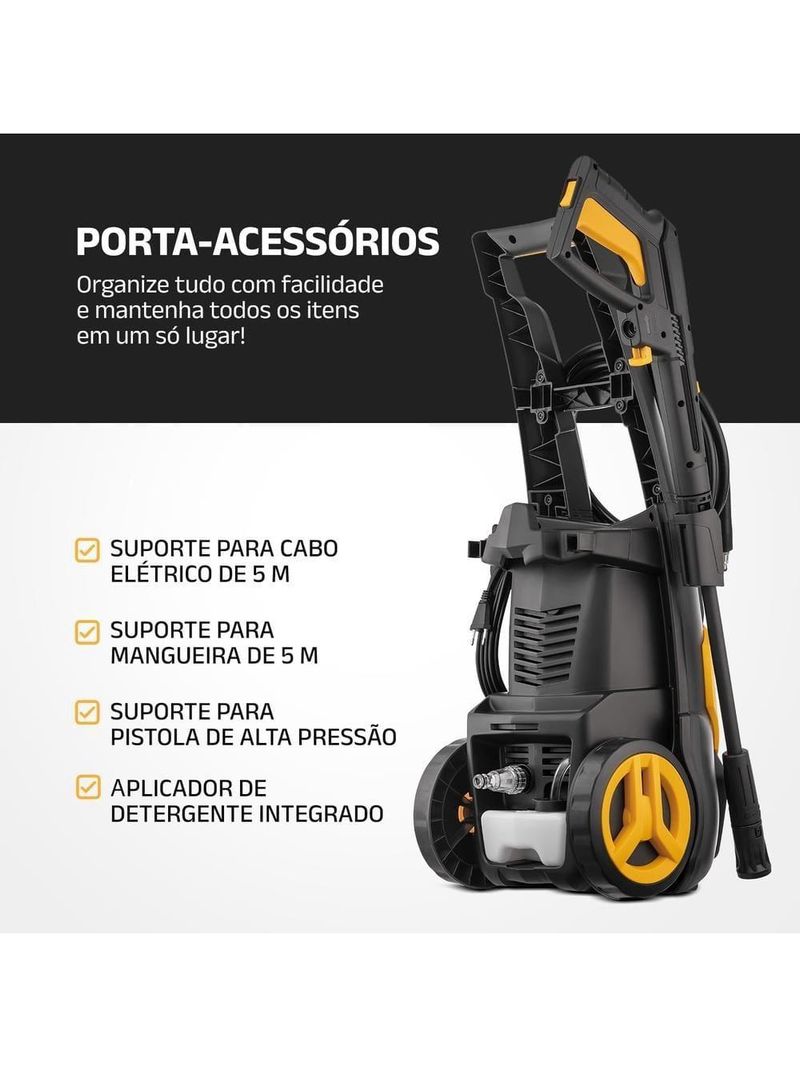 Lavadora alta pressão mondial power iii 1800w 2000 psi 360l/h mangueira 5m detergente amarela e cinza