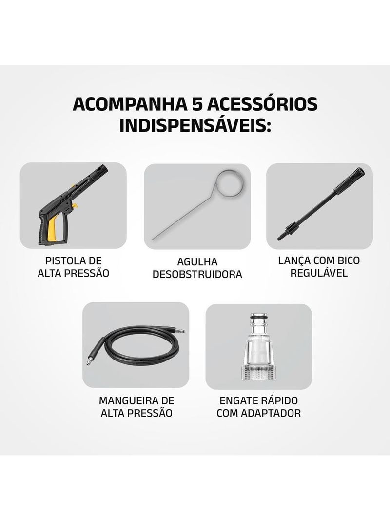 Lavadora alta pressão mondial power iii 1800w 2000 psi 360l/h mangueira 5m detergente amarela e cinza