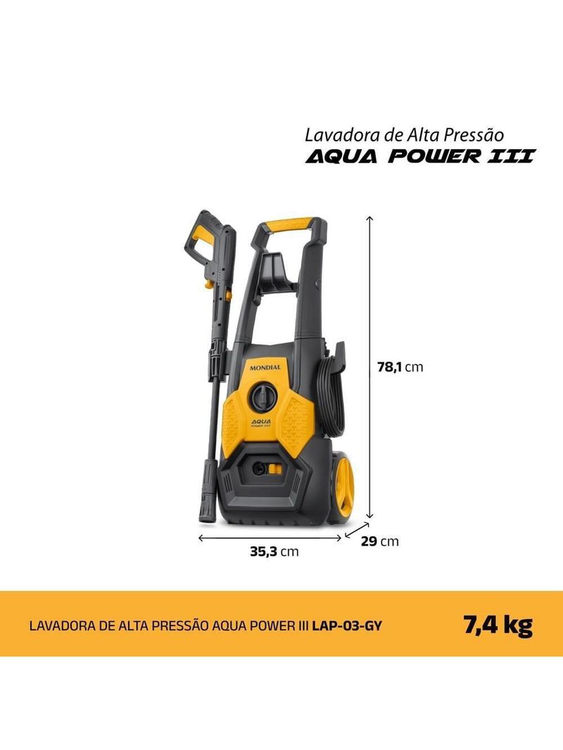 Lavadora alta pressão mondial power iii 1800w 2000 psi 360l/h mangueira 5m detergente amarela e cinza