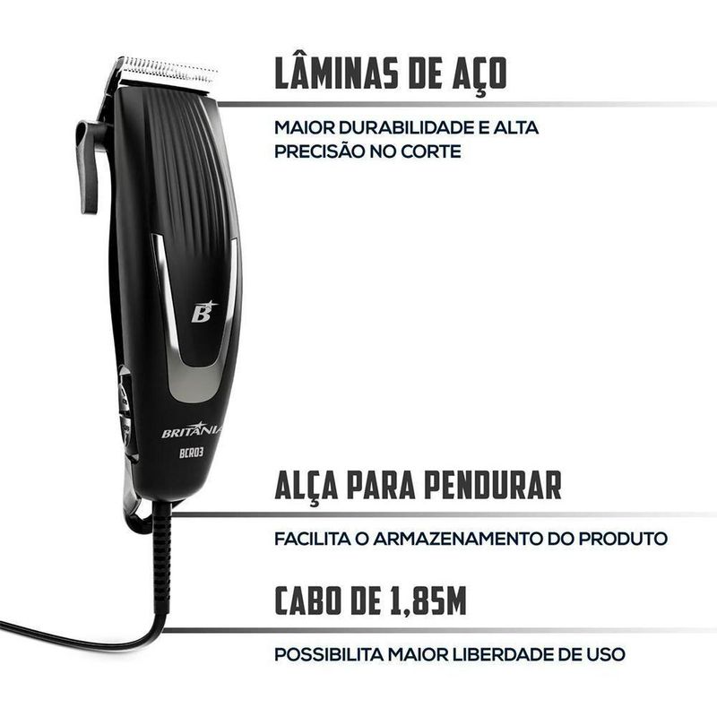 Máquina De Cortar Cabelo Britânia Bcr03 9 Acessórios 18w 110V