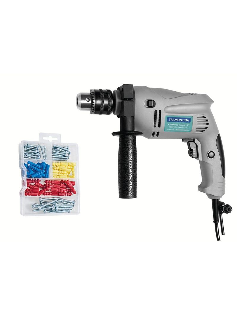 Furadeira de impacto 1/2" 500w com kit de parafusos e buchas 220v - tramontina