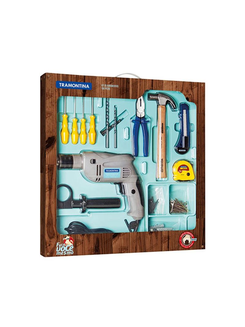 Kit de ferramentas com furadeira de impacto 1/2pol 500w 100pçs 110v - tramontina