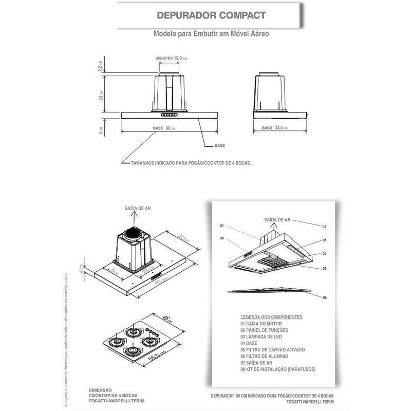 Depurador de Embutir Terim Compact New 60cm 3 Velocidades Aço Inox 110V