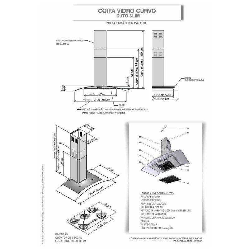 Coifa de Parede Terim Clean Vidro Curvo Kromanox 90cm Inox com Exaustor e Depurador 110V