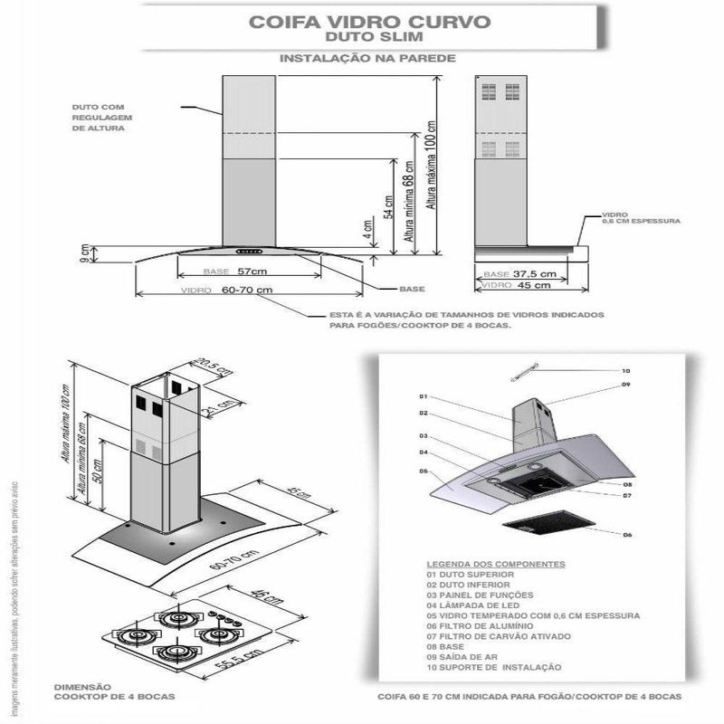 Coifa de Parede Fogatti Vidro Curvo Duto Slim 60cm Inox LED 110V
