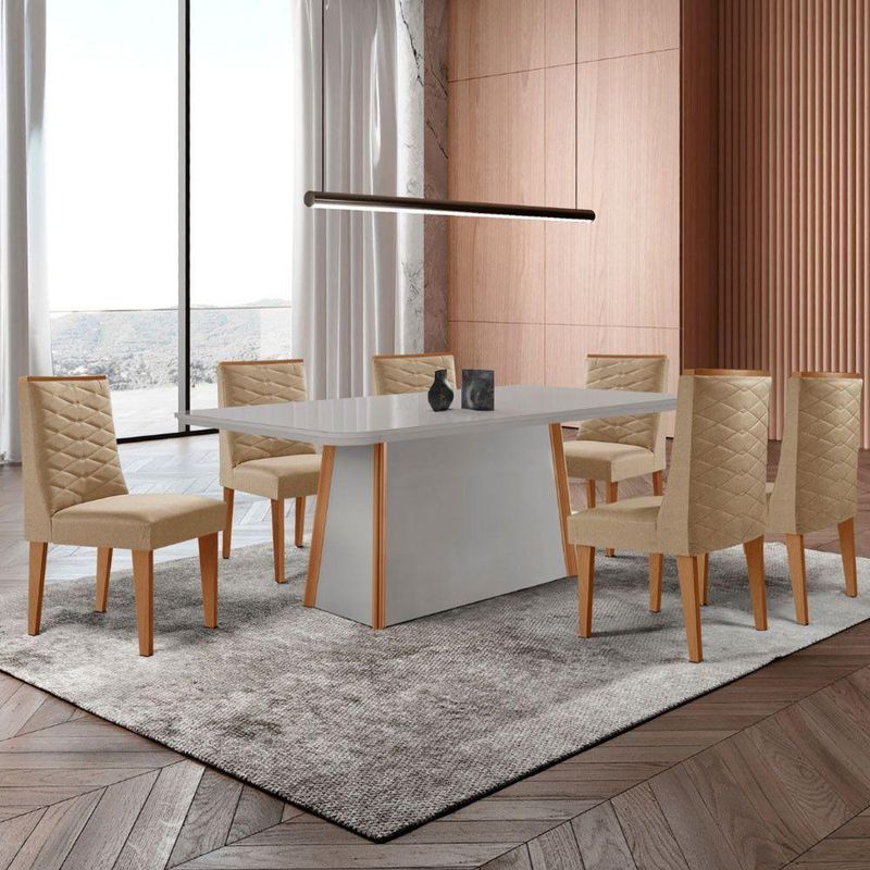 Mesa De Jantar Diane 180cm Tampo Mdf Vidro 6 Cadeiras Safira Moderna Turim 07 Serigrafia Off White