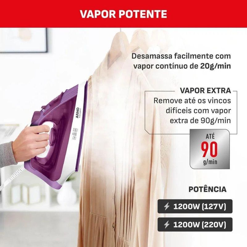 Ferro a Vapor Arno Easygliss FE01 Base Cerâmica Glide 5 Temperaturas Lilás 110V