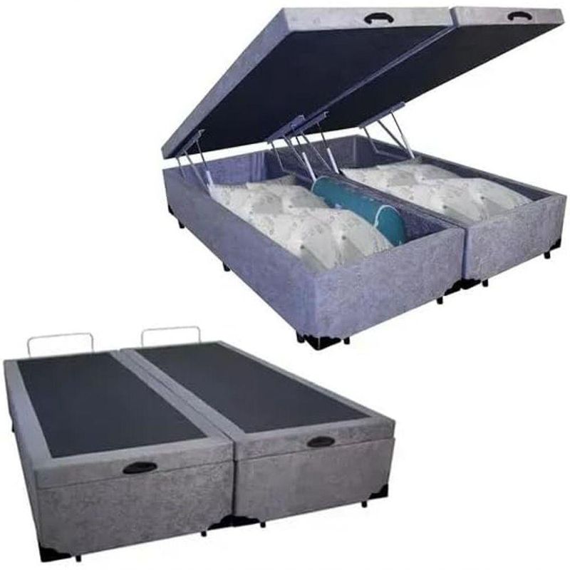 Base Box Baú King Bipartido Suede Cinza 42x193x203