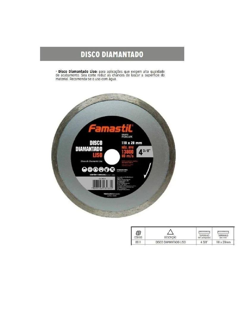 Disco Diamantado Liso 4 3/8 Polegadas 110 X 20 Mm Famastil