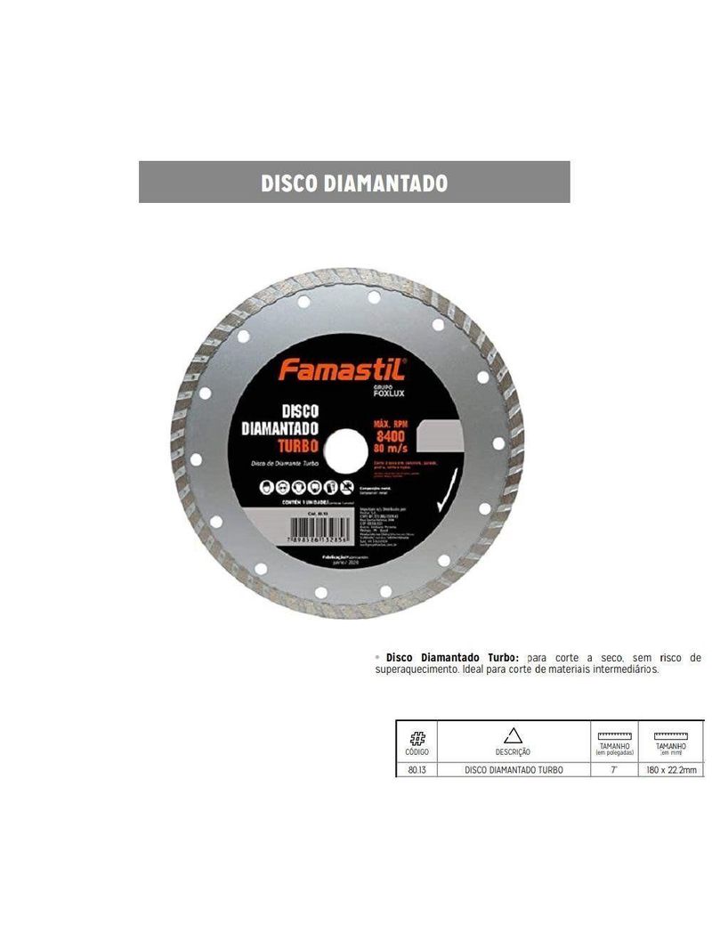 Disco De Corte Diamantado Turbo 180 X 22,2 Mm Famastil