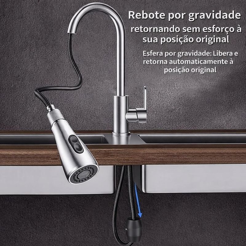 Torneira Goumert Flexivel Prateada Misturador Monocomando Extensivel Pia Quente Fria 2 Jatos