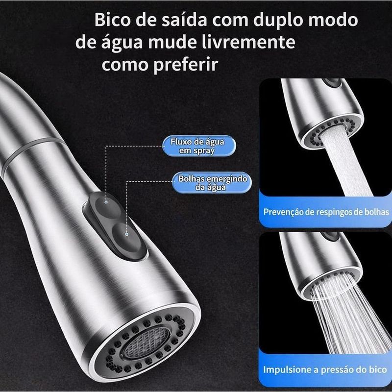 Torneira Goumert Flexivel Prateada Misturador Monocomando Extensivel Pia Quente Fria 2 Jatos