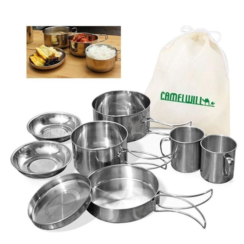 Kit Cozinha Camping Em Inox 8 Peças Para Acampamento Outdoor