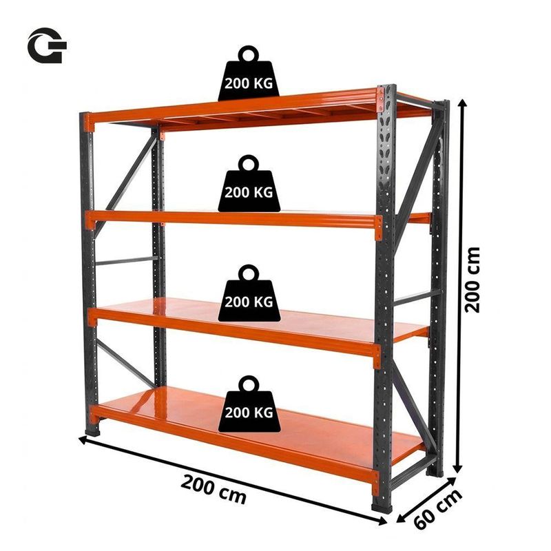 Estante de Aço Industrial Cinza com Laranja Gallant 200kg 2,00m x 2,00m x 0,60m GPR39ALCMA-CL