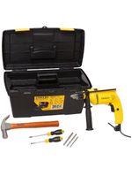 Kit furadeira impacto 600w 220v c/ 3 brocas concreto  2 chaves fenda  martelo  caixa stanley