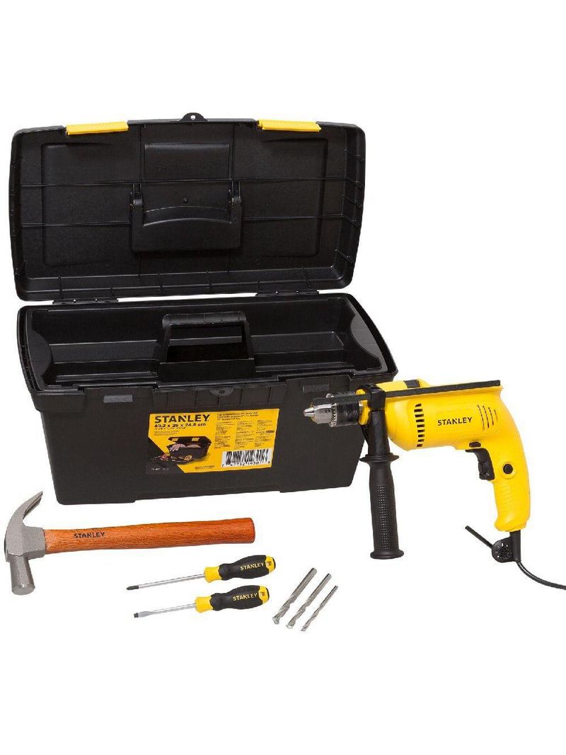 Kit furadeira impacto 600w 220v c/ 3 brocas concreto  2 chaves fenda  martelo  caixa stanley