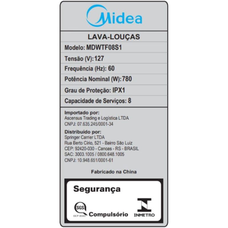 Lava-louça Midea 8 Serviços Touch Plus Cinza 127V (MDWTF08S1)