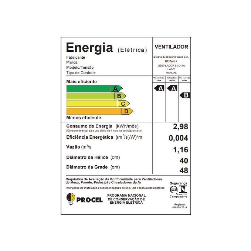 Ventilador de Coluna Britânia 160W 40cm 6 Pás 3 Velocidades Preto BVC41A 220V