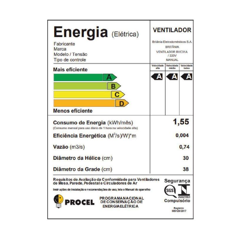 Ventilador de Coluna Britânia 75W 30cm 6 Pás 3 Velocidades Preto BVC31A 220V