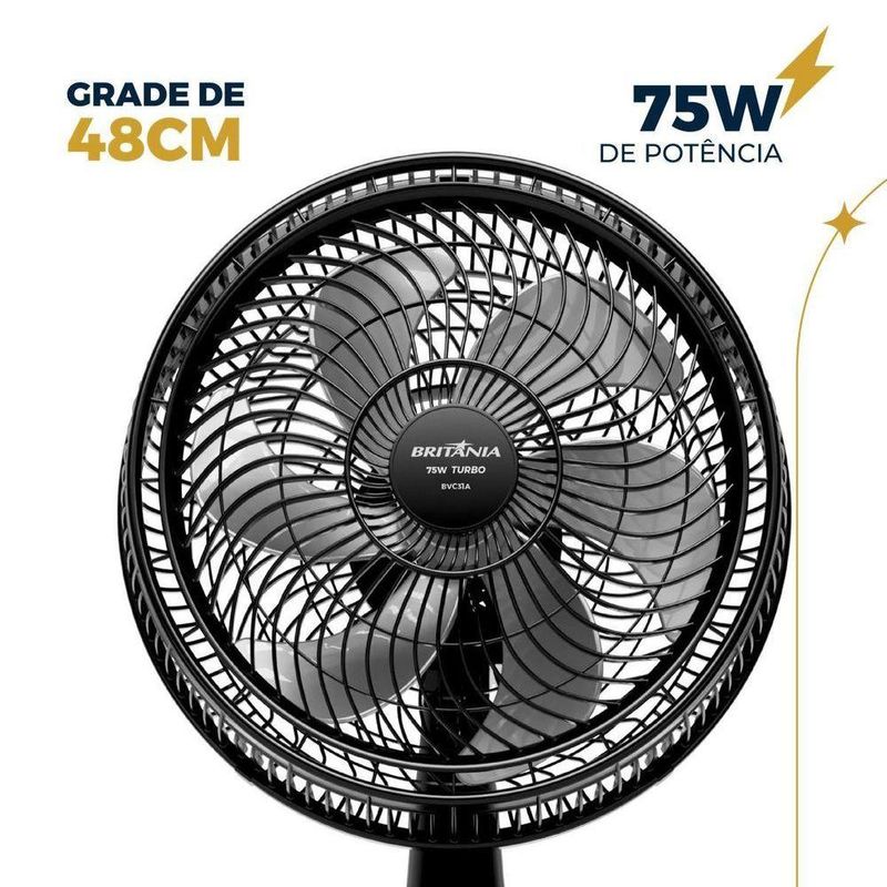 Ventilador de Coluna Britânia 75W 30cm 6 Pás 3 Velocidades Preto BVC31A 220V