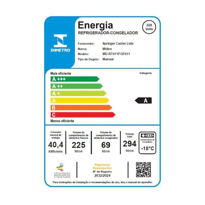 Refrigerador Midea Cycle Defrost 294L 2 Portas Branco 220V MD-RT411FGF012