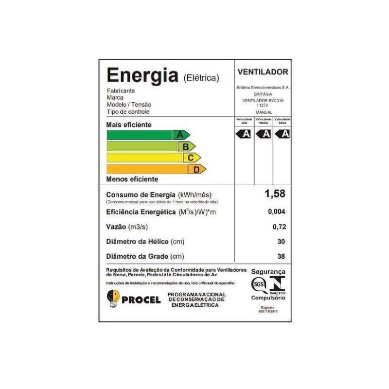 Ventilador de Coluna Britânia 75W 30cm 6 Pás 3 Velocidades Preto 110V