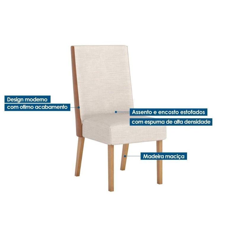 Conjunto Mesa Sala Jantar Orus Tampo Madeirado Com Vidro 120x80cm E 4 Cadeiras Anne Nature Courano Linho Henn