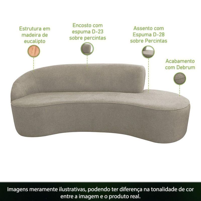 Sofá Curvo 03 Lugares 180cm Eron Braço Direito Suede Camurça Bege - Nexta Casa