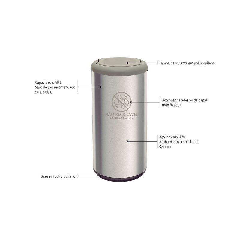 Lixeira Inox Tramontina Piemonte 40 Litros Acetinado Tampa Basculante Cinza em Polipropileno