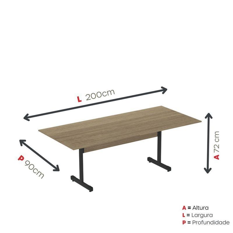 Mesa De Reunião 200cm Para Escritório Com Pés Tubulares Em Aço Linha P15