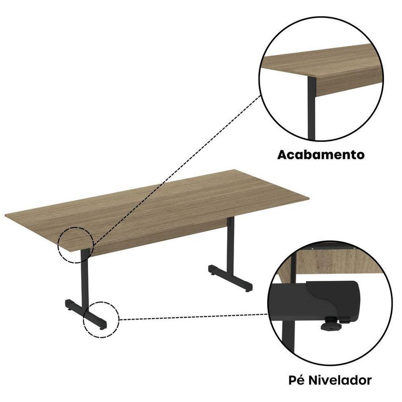 Mesa De Reunião 200cm Para Escritório Com Pés Tubulares Em Aço Linha P15