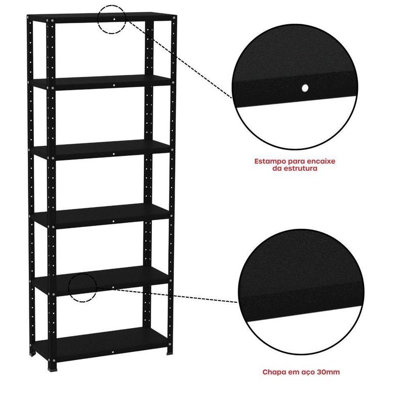 Estante De Estrutura Metálica Com 6 Prateleiras 175cm(a)92acm(l)40cm(p) Com Reforço Preto
