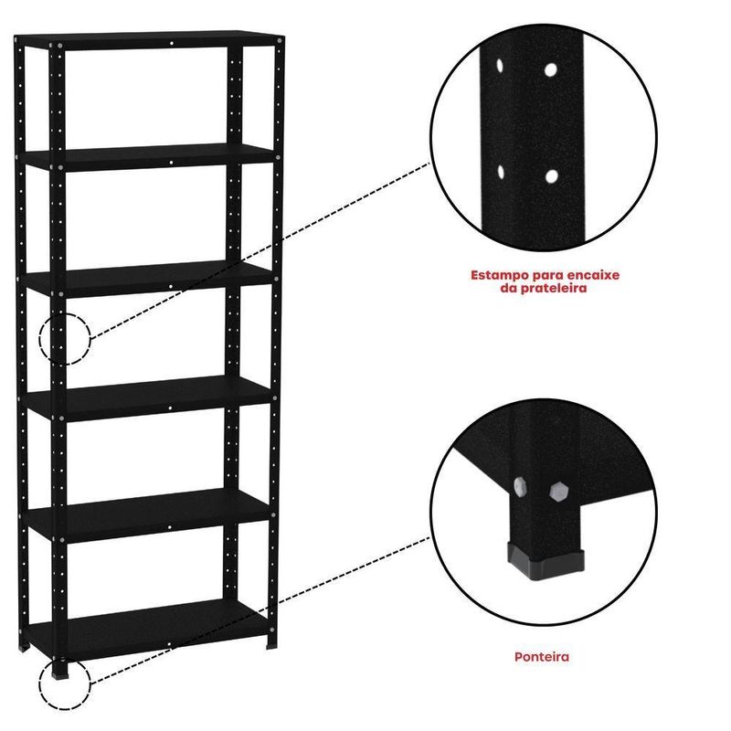 Estante De Estrutura Metálica Com 6 Prateleiras 175cm(a)92acm(l)40cm(p) Com Reforço Preto