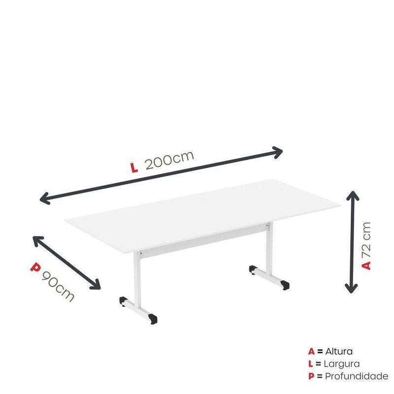 Mesa De Reunião 200cm Para Escritório Com Pés Tubulares Em Aço Linha P15