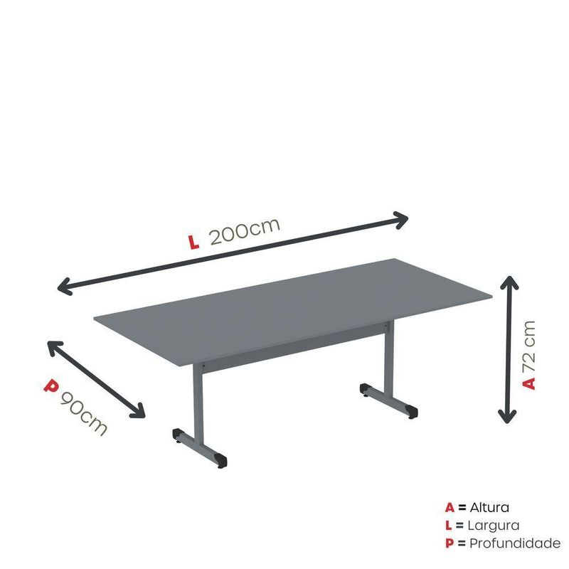 Mesa De Reunião 200cm Para Escritório Com Pés Tubulares Em Aço Linha P15