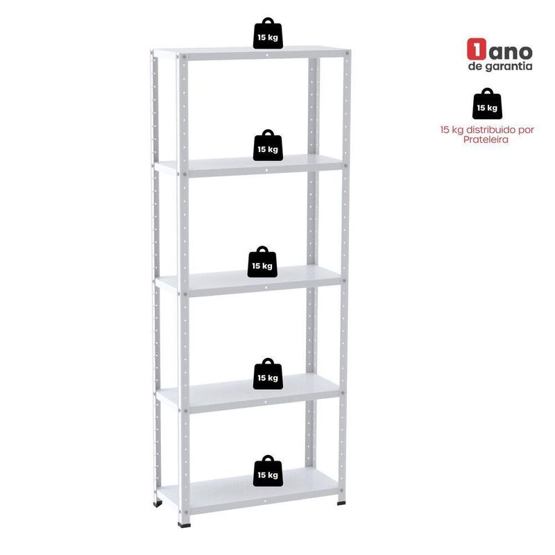 Estante De Estrutura Metálica Com 5 Prateleiras 175cm(a)92acm(l)30cm(p) Com Reforço Branco