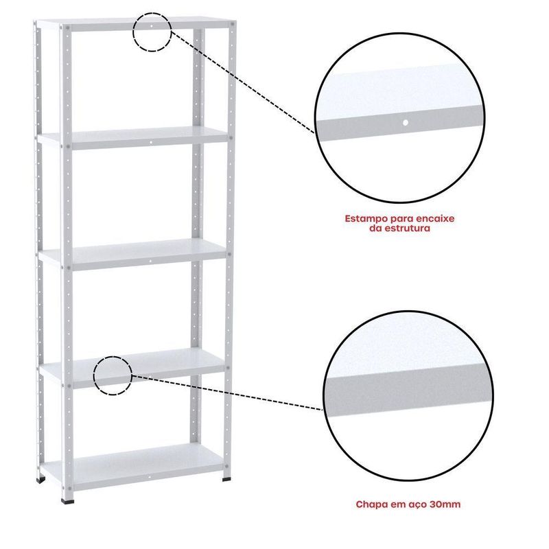 Estante De Estrutura Metálica Com 5 Prateleiras 175cm(a)92acm(l)30cm(p) Com Reforço Branco