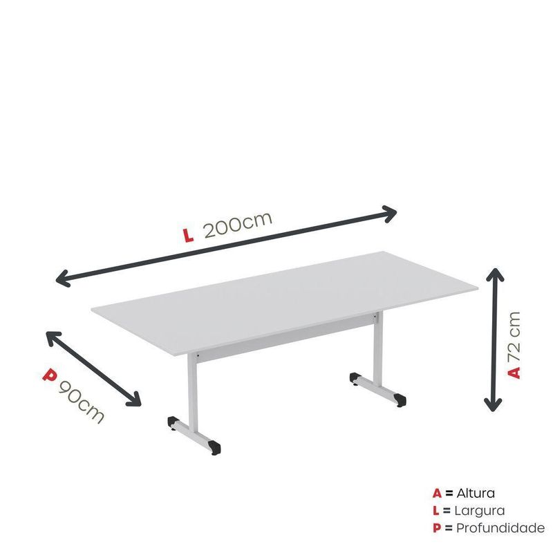 Mesa De Reunião 200cm Para Escritório Com Pés Tubulares Em Aço Linha P15