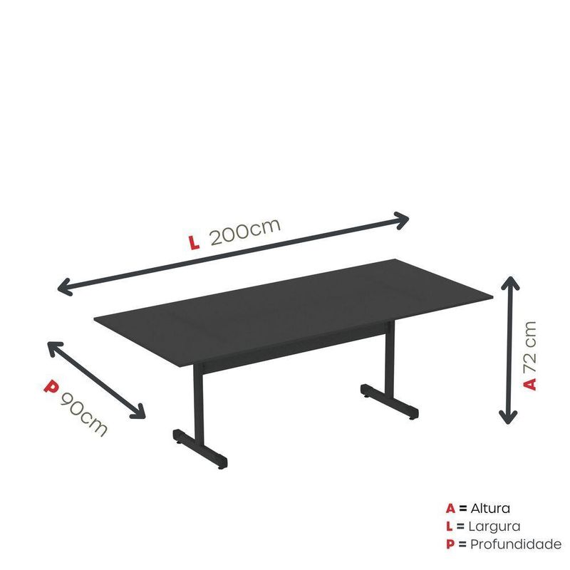 Mesa De Reunião 200cm Para Escritório Com Pés Tubulares Em Aço Linha P15